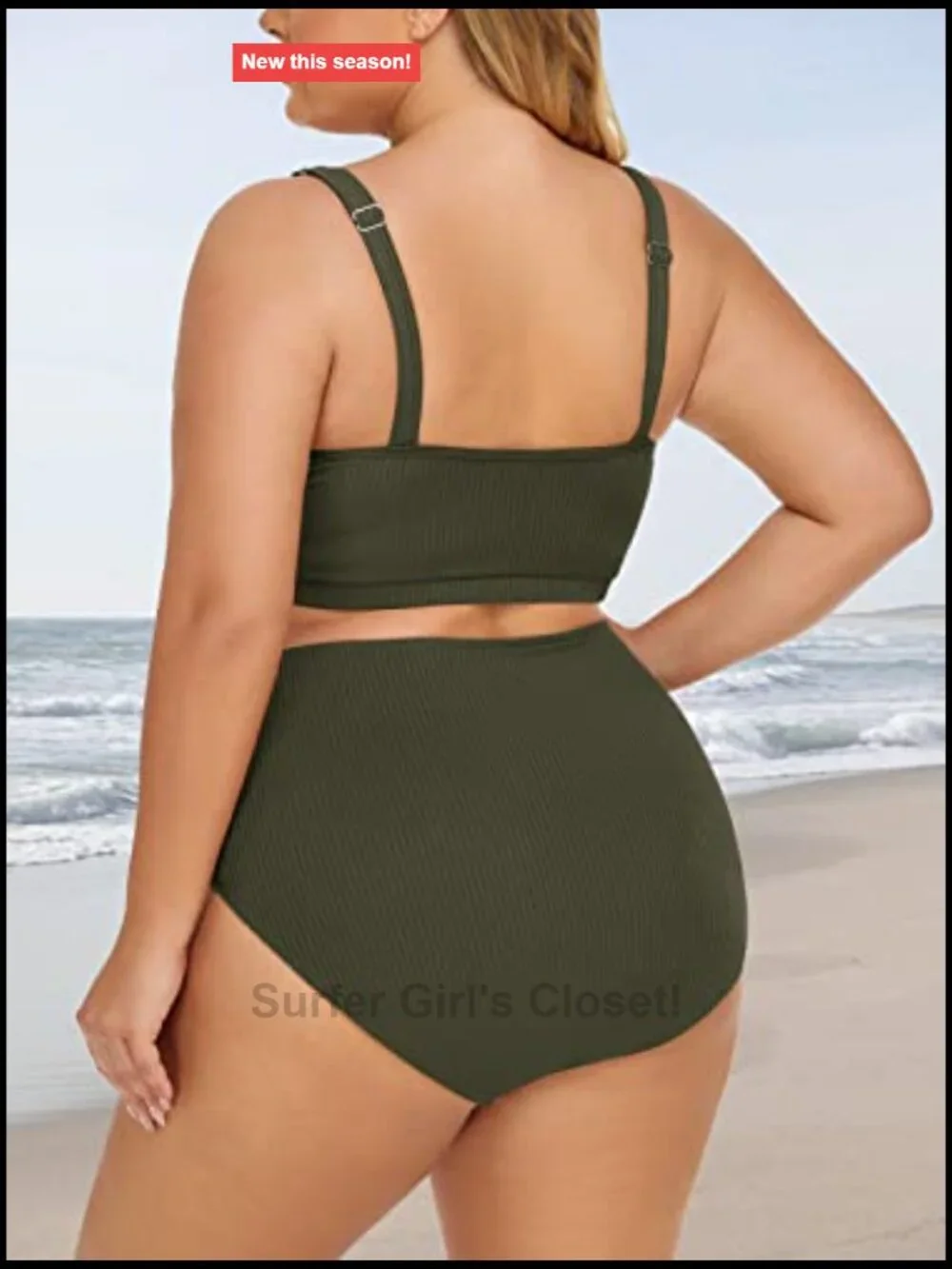 Plus Size Women Ribbed Bikini Set High Waist Tummy Control Scoop Top Swimwear